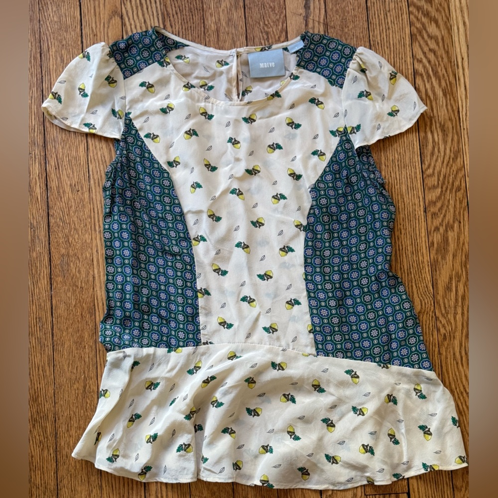 Anthropologie Maeve Acorn and Leaf Patterned Silk Top - Size 2